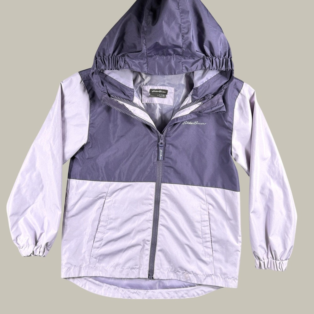 Eddie Bauer Windbreaker Jacket Kids S 7/8‎ Purple Colorblock Hooded Rain Hiking